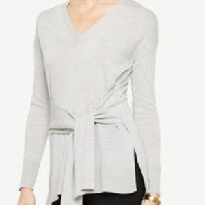 Ann Taylor Merino Wool Sweater Grey Tie V-Neck